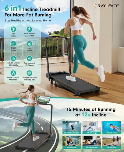 Miniatura 4 de Folding Walking Pad with 15% Incline/RGB Light/Dual Screen Display, 3.5HP Treadmills for Home, Portable Walking Pad Treadmill with Handle Bar and 4