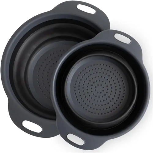 Colador plegable | Paquete de 2 coladores plegables negros para pasta, frutas y verduras | Colador de silicona compacto ideal para colar todo tipo