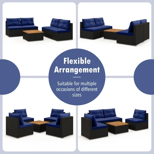 Miniatura 5 de Tangkula Juego de muebles de mimbre para patio, juego de sofá y mesa auxiliar de ratán sin brazos de 4 piezas, con cojines, mesa de madera de Negro
