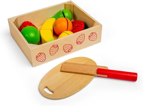 Miniatura 6 de Bigjigs Toys Caja de madera para cortar frutas con tabla de cortar y cuchillo - Juguetes de comida para jugar