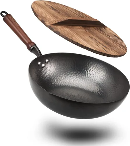 BIELMEIER - Sartén wok de 12.5" (31.75 cm), woks y sartenes para saltear, wok de acero al carbono, wok de fondo plano con tapa, apto para todas las