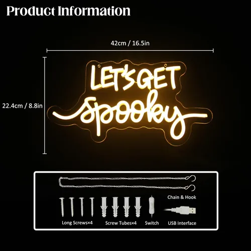 Miniatura 3 de Letreros de neón con texto en inglés "Let's Get Spooky", letrero de neón para Halloween, letras amarillas, luces de neón espeluznantes para pared