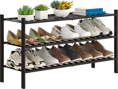 Miniatura 13 de Zapatero de bambú apilable para zapatos, organizador de almacenamiento para unidad, entrada, pasillo y armario, estante resistente independiente