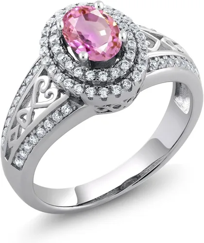Miniatura 72 de Anillo de compromiso con halo de piedra preciosa y piedra natal en plata chapada en oro amarillo de 18 quilates, ovalado, 0.236 x 0.157 pulgadas