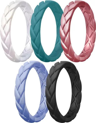 Miniatura 65 de Egnaro Anillos de boda de silicona para ella, conjuntos de novia de goma para mujer, bandas finas, diseño trenzado de hojas apilables con ranuras