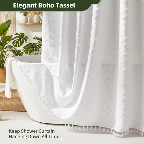 Miniatura 4 de Siiluminisoy Cortina de ducha estilo bohemio con borlas blancas, cortina de ducha tejida de 60 x 72, moderna, estilo rústico, texturizada, con A