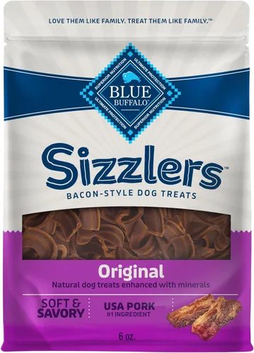 Blue Buffalo Sizzlers - Golosinas suaves y naturales para perros, estilo tocino, golosinas suaves y húmedas con cerdo real de Estados Unidos, sabor