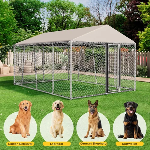 Miniatura 5 de Lyromix 10 x 15 pies Jaula grande para perros al aire libre con techo, Jaula para perros al aire libre con cubierta impermeable, Jaula de eslabones