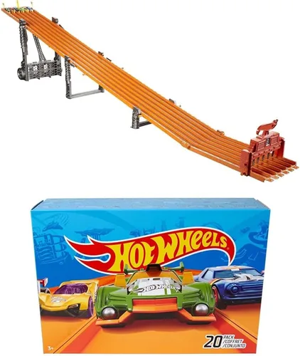 Miniatura 9 de Hot Wheels Juego de autos de juguete con luces, sonidos y 6 vehículos a escala 1:64, pista de carreras súper de 6 carriles, pista de 8 pies que se