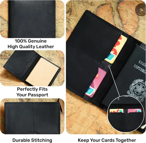 Miniatura 2 de HIFA Funda de cuero para pasaporte, funda para pasaporte hecha a mano con ranura para tarjetas y boletos, piel auténtica, diseño elegante, fácil
