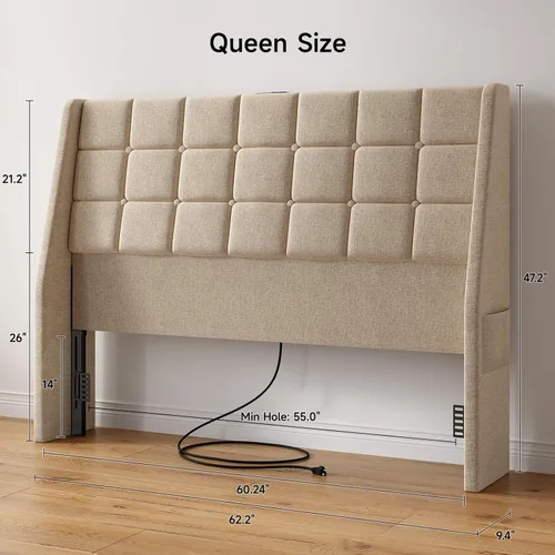 Miniatura 2 de Cabecero tapizado ergonómico tamaño Queen con estación de carga, cabeceros acolchados tipo ala con bolsillo de almacenamiento, solo cabecero Queen