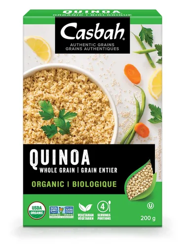 Casbah Quinoa, grano entero, orgánico, 7 onzas (paquete de 6), súper grano, perfecto para hacer guarniciones fáciles y sabrosas, vegano y vegetariano