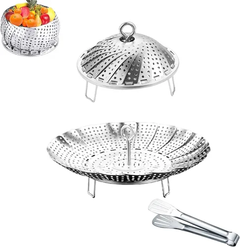 Cesta de vapor de verduras de acero inoxidable 304, inserto expandible para cocinar, se adapta a ollas de 6.4 a 10.2 pulgadas, incluye pinzas de