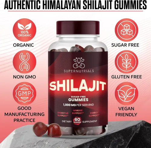 Miniatura 5 de Paquete de 2 gomitas Shilajit del Himalaya, 1000 mg cada una, 60 gomitas veganas sin azúcar por botella, orgánicas, sin OMG, energía, enfoque