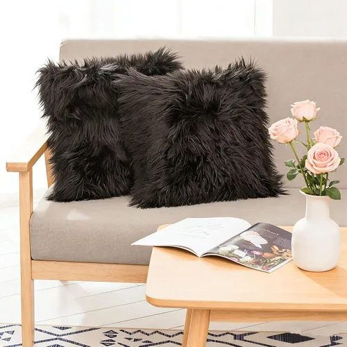 Miniatura 11 de HYSEAS - Juego de 2 fundas de almohada de pelo sintético, decorativas, negras, esponjosas y cuadradas, para sofá, sillón, silla, cama y café, 20 x
