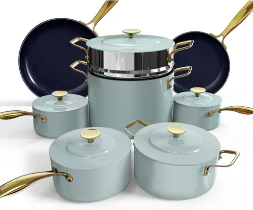 Nuwave Lux LE - Juego de utensilios de cocina de 13 piezas con elegante mango dorado, cerámica antiadherente con infusión de diamante, sin PFAS,