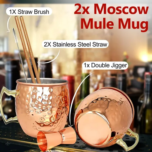 Miniatura 3 de LINALL Moscow Mule - Juego de 2 tazas grandes forradas de acero inoxidable chapado en cobre de 18 onzas, tazas martilladas seguras para alimentos a