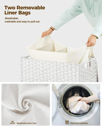 Miniatura 38 de GREENSTELL Cesta para ropa sucia con ruedas y tapa, 130 L, cesta grande de 3 secciones con 2 tipos de bolsas de forro extraíbles, 5 bolsas de malla