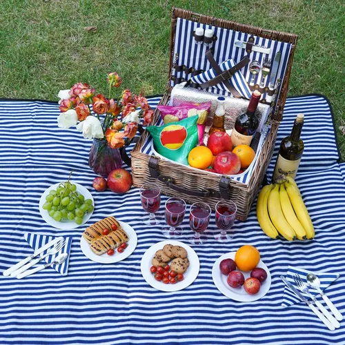Miniatura 7 de Cesta de picnic para 4 personas – Cestas con hielera y manta de picnic, cesta de picnic clásica de mimbre con alfombrilla de playa impermeable y a