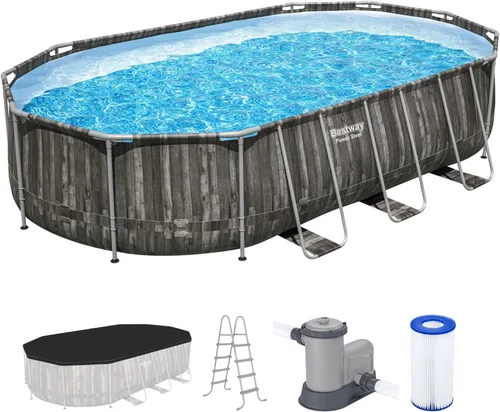 Miniatura 10 de Bestway 56655E Power Steel - Juego de piscina de 16 x 10 x 42 pulgadas, marco ovalado para exteriores sobre el suelo, con bomba de filtro de Gris