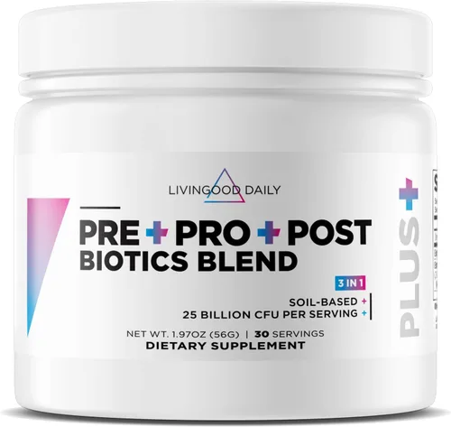 Livingood Daily Pre Pro Post Biotics Mezcla en polvo, suplemento de salud digestiva con prebióticos de inulina de agave azul orgánico, probióticos