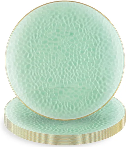 Miniatura 3 de Blue Sky Platos redondos de plástico verde martillado orgánico con borde dorado, 7 pulgadas (10 unidades) Elegante vajilla desechable para fiestas