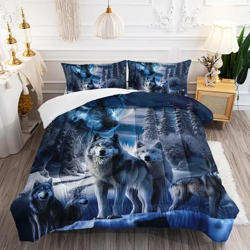 Miniatura 19 de AILONEN Juego de edredón con cabeza de lobo impresa tamaño individual, juego de ropa de cama de lobo para la noche para niños y hombres, juego