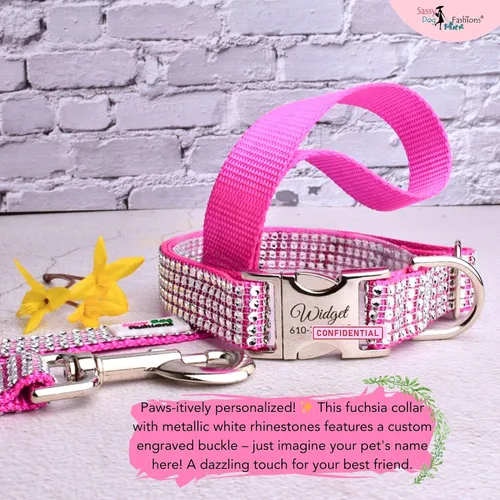 Miniatura 7 de Collares de perro con diamantes de imitación, hebilla grabada y opción de correa, hecho a mano, elección de gemas y correa, collar personalizado