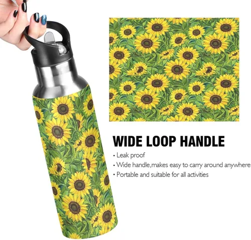 Miniatura 4 de Botella de agua aislada de 32 onzas, botellas de agua a prueba de fugas para gimnasio, viajes al aire libre, escuela, girasoles hojas verdes