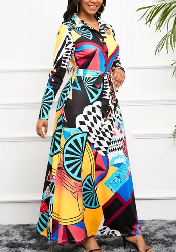 Miniatura 2 de Vestido maxi con estampado de manga larga con botones y cinturón para mujer