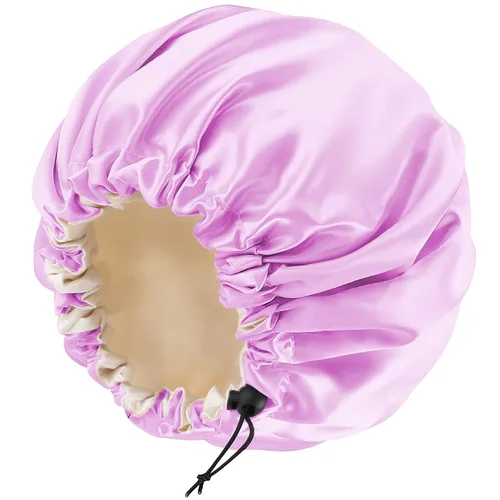 Miniatura 11 de Gorro de seda de satén para cabello rizado, gorro trenzado para dormir, para mujer, grande, doble capa ajustable (2 unidades, negro)