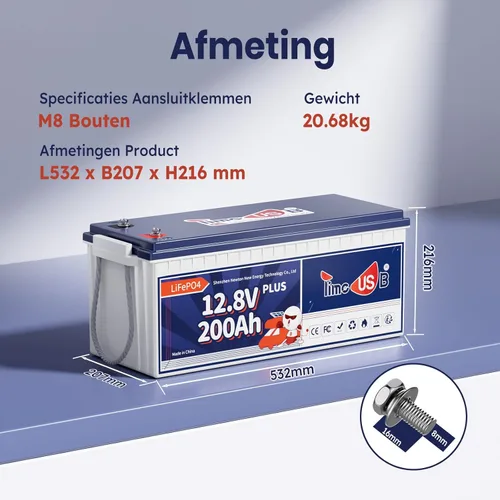 Miniatura 2 de Timeusb LiFePO4 Batería de 12 V 200 Ah Plus, batería de ciclo profundo con potencia de salida máxima de 2560 W, batería de litio integrada de 200 A
