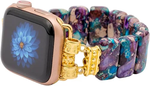 Miniatura 12 de Natural Stone Imperial Jasper Bracelet Beaded-Bands Compatibe with iWatch Series11 10 9 8 7 6 5 4 3 2 1, Handmade Elastic Stretch Beaded Strap For