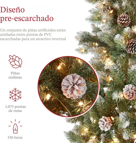 Miniatura 2 de Best Choice Products Árbol de Navidad artificial de 7.5 pies con bisagras de pino preiluminado, parcialmente flocado y escarchado, decoración