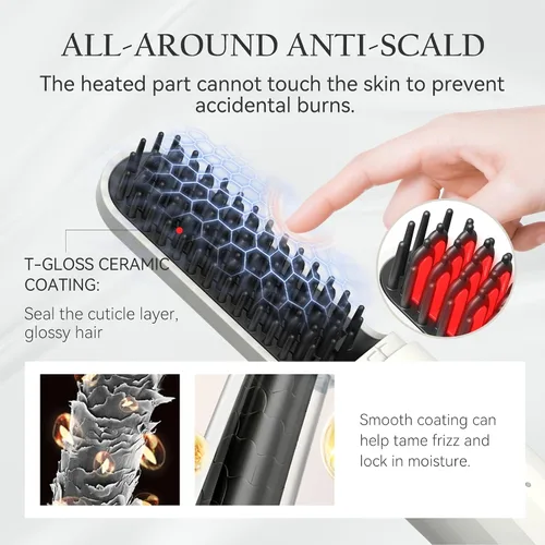 Miniatura 4 de ANLAN Cepillo alisador de pelo inalámbrico portátil para viajes, mini peine alisador iónico caliente para mujeres, recargable y apto para viajes