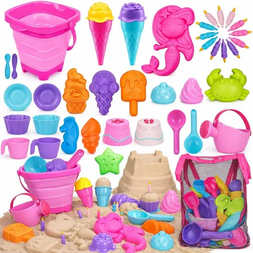 TOY Life 41 piezas de juguetes de playa para niños de 4 a 8 años, juguetes de arena plegables para niños pequeños con cubo de silicona, palas y kit