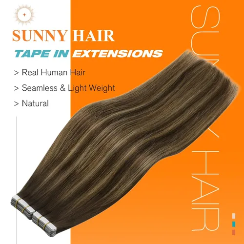 Miniatura 2 de Sunny - Extensiones de cabello humano balayage de 16 pulgadas, sin costuras, color marrón oscuro #4 que se desvanece a rubio caramelo #27 con cinta