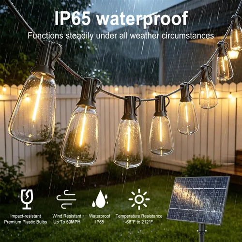Miniatura 4 de Achin 50FT Solar String Lights Outdoor with 32 LED Bulbs 1.5FT Bulbs Spacing,Patio String Lights Whith Remote, IP65 Waterproof, 3600mAm Battery