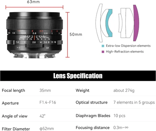 Miniatura 6 de 7artisans 35mm F1.4 Mark Ⅲ Lente Prime de Enfoque Manual de Marco Completo de Gran Apertura Compatible con Cámara Sin Espejo de Montura L (Negro)