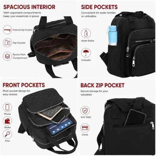 Miniatura 3 de Mochila pequeña para mujer, casual, acolchada, cuadrada, impermeable, con múltiples bolsillos, ligera, asa superior, Negro, Pequeño, Mochilas
