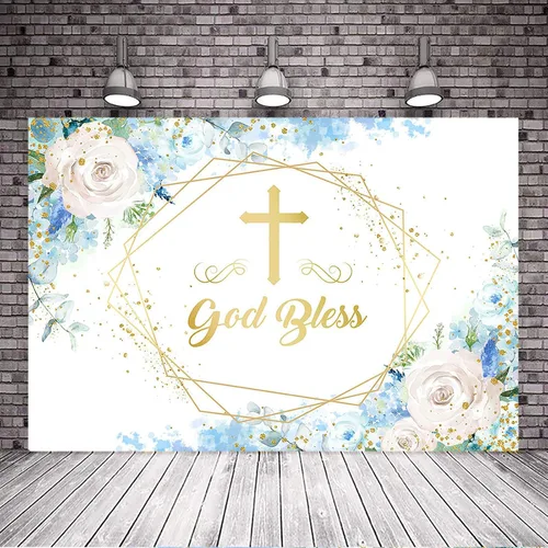 Miniatura 4 de Avezano Telón de fondo azul con texto en inglés "Boy God Bles", fondo floral azul para baby shower, para primera comunión, decoración de baby shower