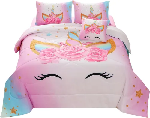 JQinHome Juegos de Ropa de Cama Completos de Unicornio para Niñas, 6 Piezas Juego de Cama en una Bolsa 3D Flor Colorida Niña Unicornio Juego de