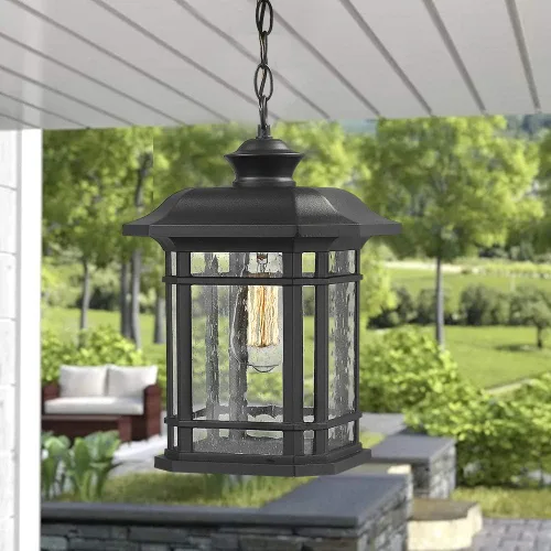 Miniatura 4 de Emliviar A2202110D1 - Lámpara colgante de 14 pulgadas para exteriores con acabado negro con cristal sembrado, moderno
