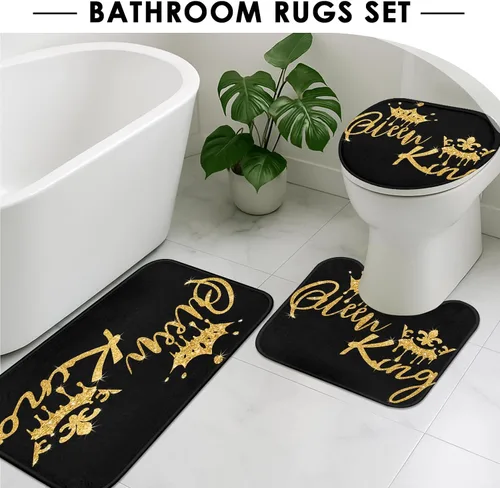 Miniatura 5 de Arttown Juego de baño negro con cortina de ducha y accesorios de alfombras, cortinas de ducha negras doradas King y Queen, decoración de baño