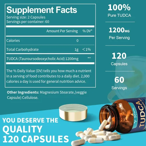 Miniatura 3 de Totaria TUDCA Suplemento de 1200 mg (ácido tauroursodesoxicólico), 120 cápsulas, suplementos hepáticos de sales biliares TUDCA ultra fuertes, Tudca