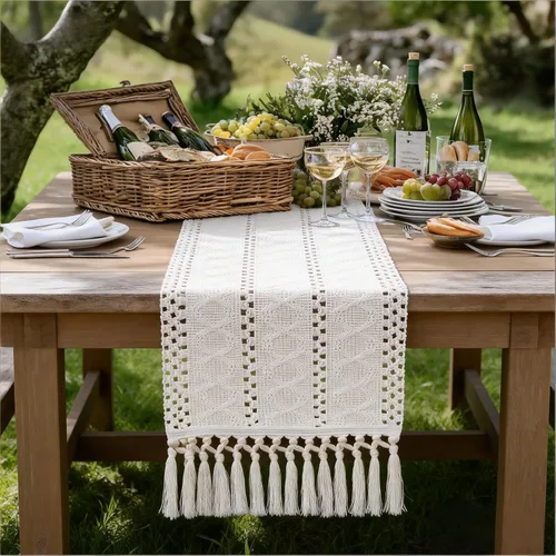 Miniatura 5 de Socomi Camino de mesa bohemio de verano rústico para comedor, cocina, centro de mesa, decoración pequeña de macramé de algodón y lino, camino