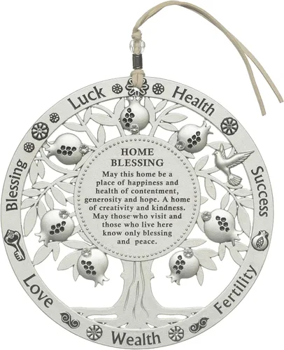 Miniatura 7 de Decoración de pared Hamsa de la buena suerte con bendición del hogar en inglés de 19 cm con motivo de granadas púrpuras - Mano Hamsa para colgar