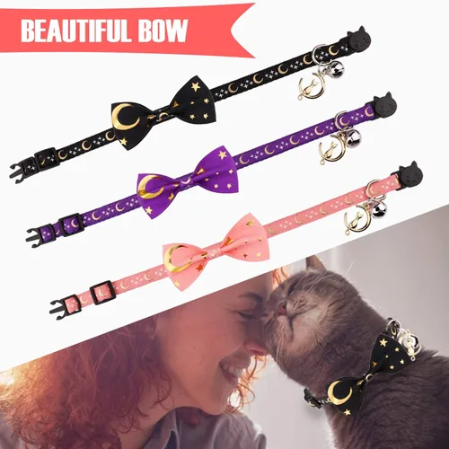 Miniatura 5 de 2 collares de gato con pajarita y campana, luna dorada y estrella brillante en la oscuridad para gatito (negro y rosa)