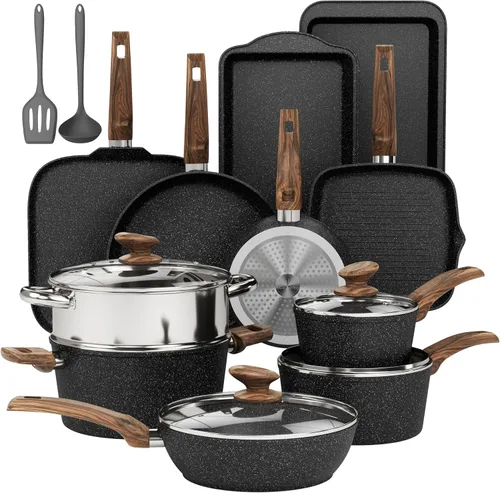 DishDelight Juego de ollas y sartenes antiadherentes, 17 piezas de utensilios de cocina de granito con revestimiento de granito antiadherente, juego