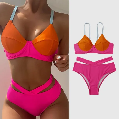 Miniatura 5 de Conjunto de bikini halter triangular para mujer, bikini sexy, traje de baño de verano para playa, espalda descubierta, cintura alta, traje de baño